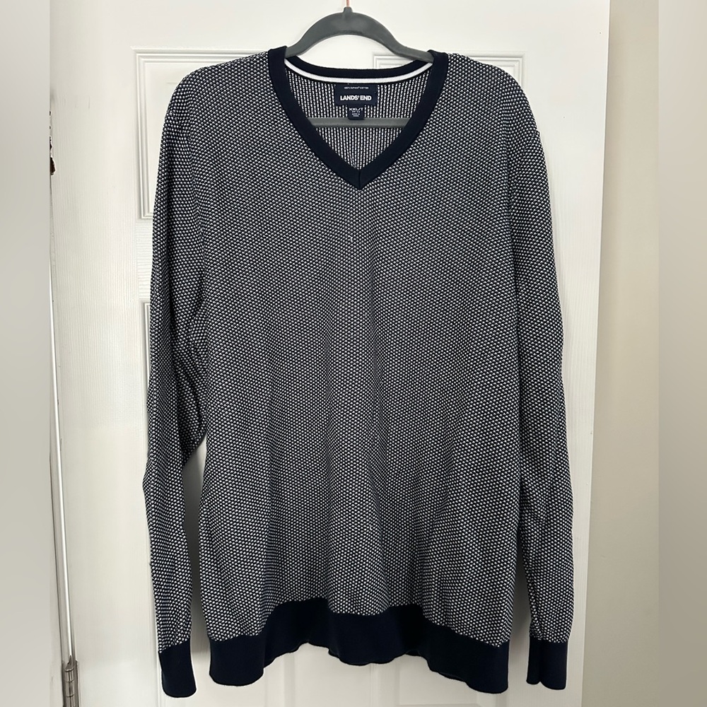 Men’s Lands’ End Supima Cotton Blue and White Sweater